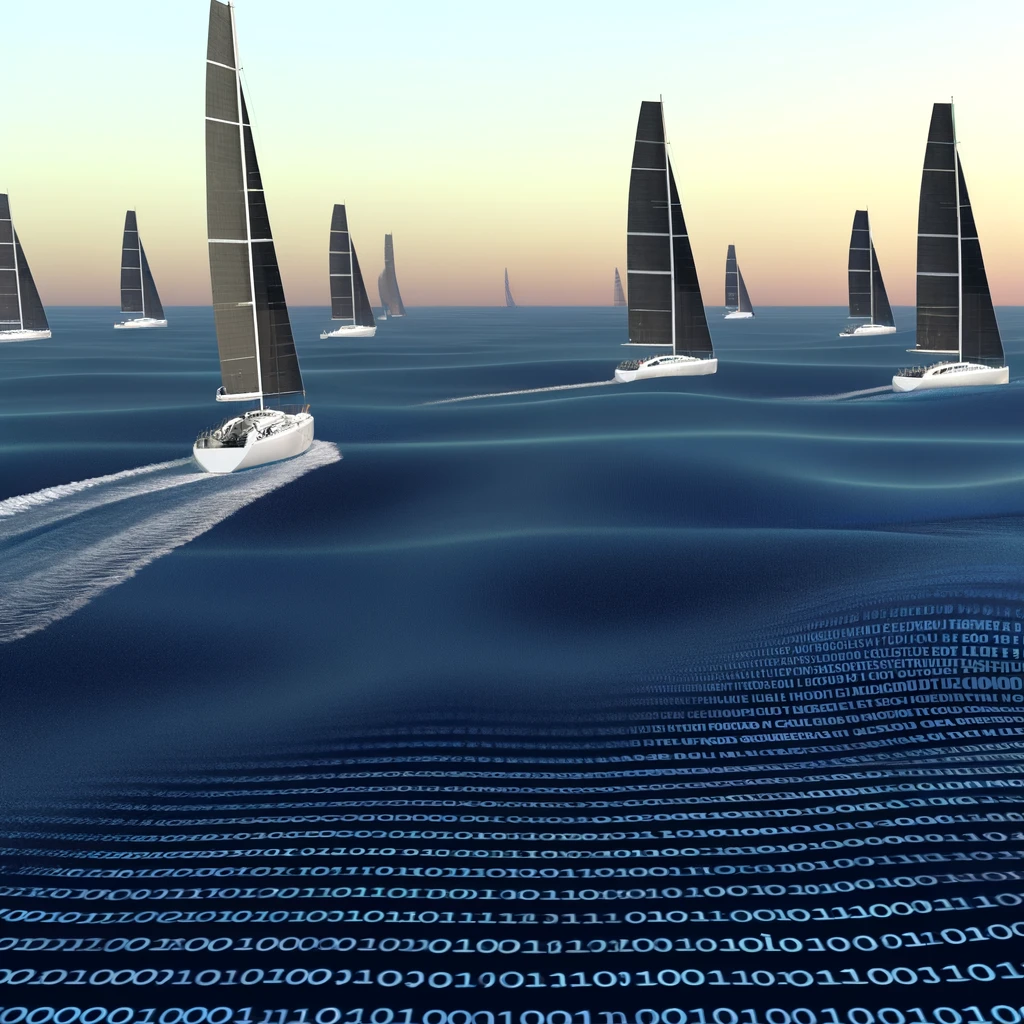 DALL·E 2024-04-21 17.01.01 - Several modern yachts sail on a digital ocean under an almost completely clear sky, with smaller digital waves. Each yacht is sleek and aerodynamic, f